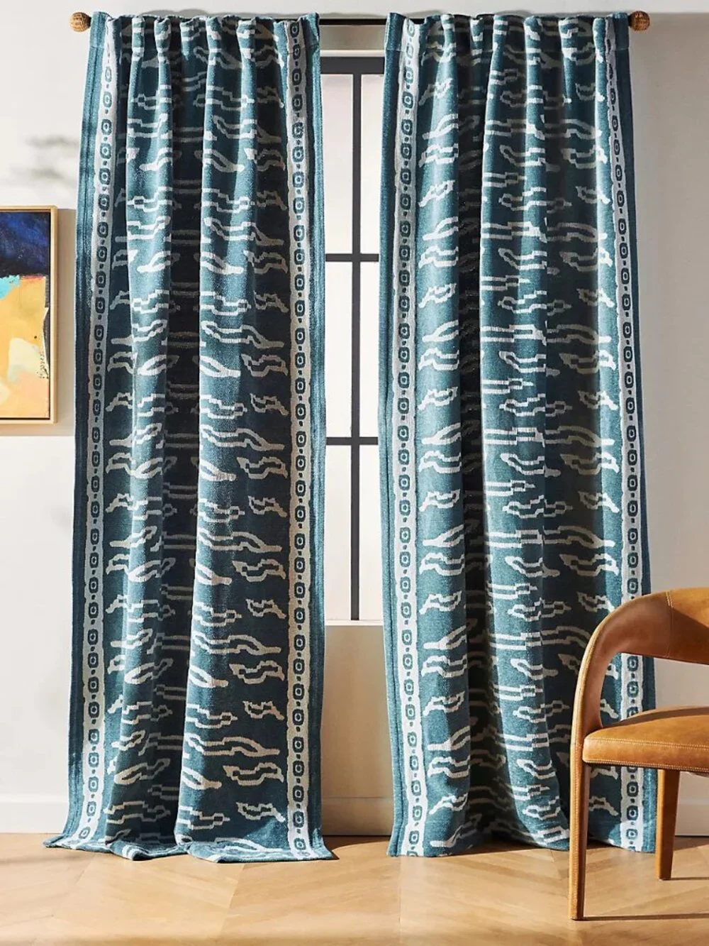 NEW Anthropologie Tiber Slate Blue Abstract Window Curtain 108”